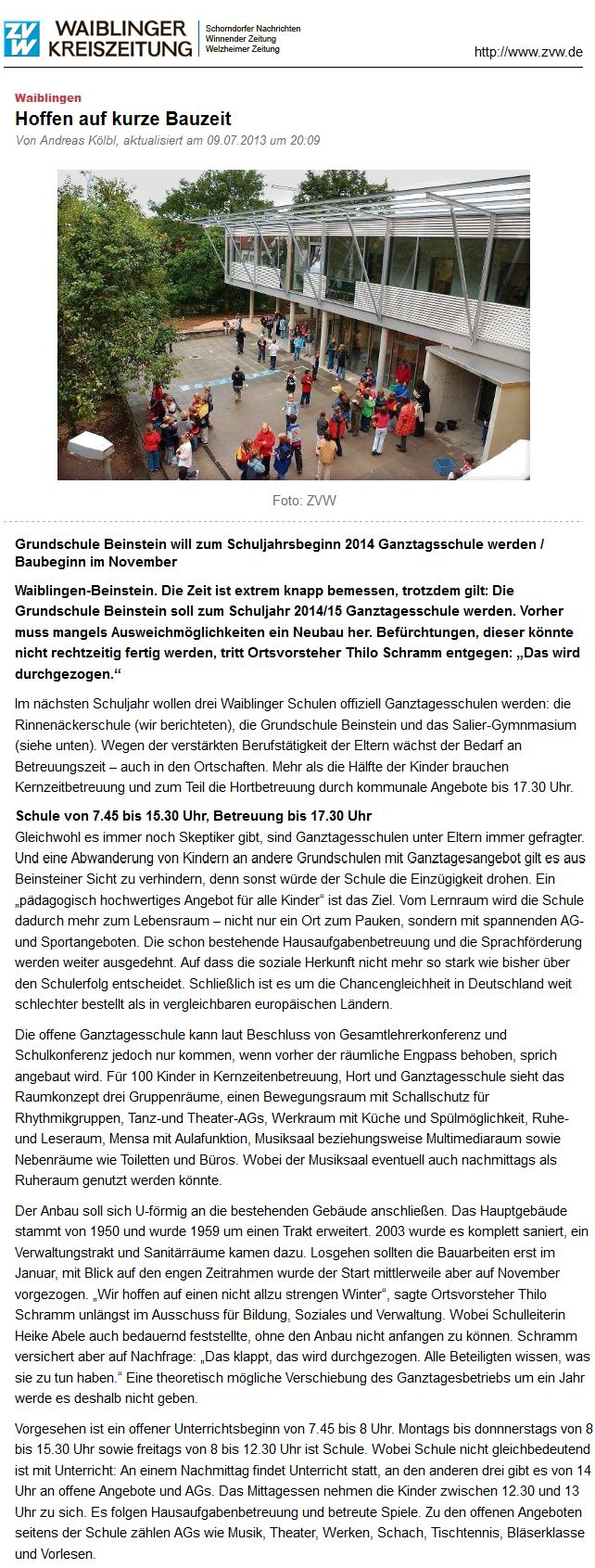 Waiblinger Kreiszeitung vom 10. Juli 2013